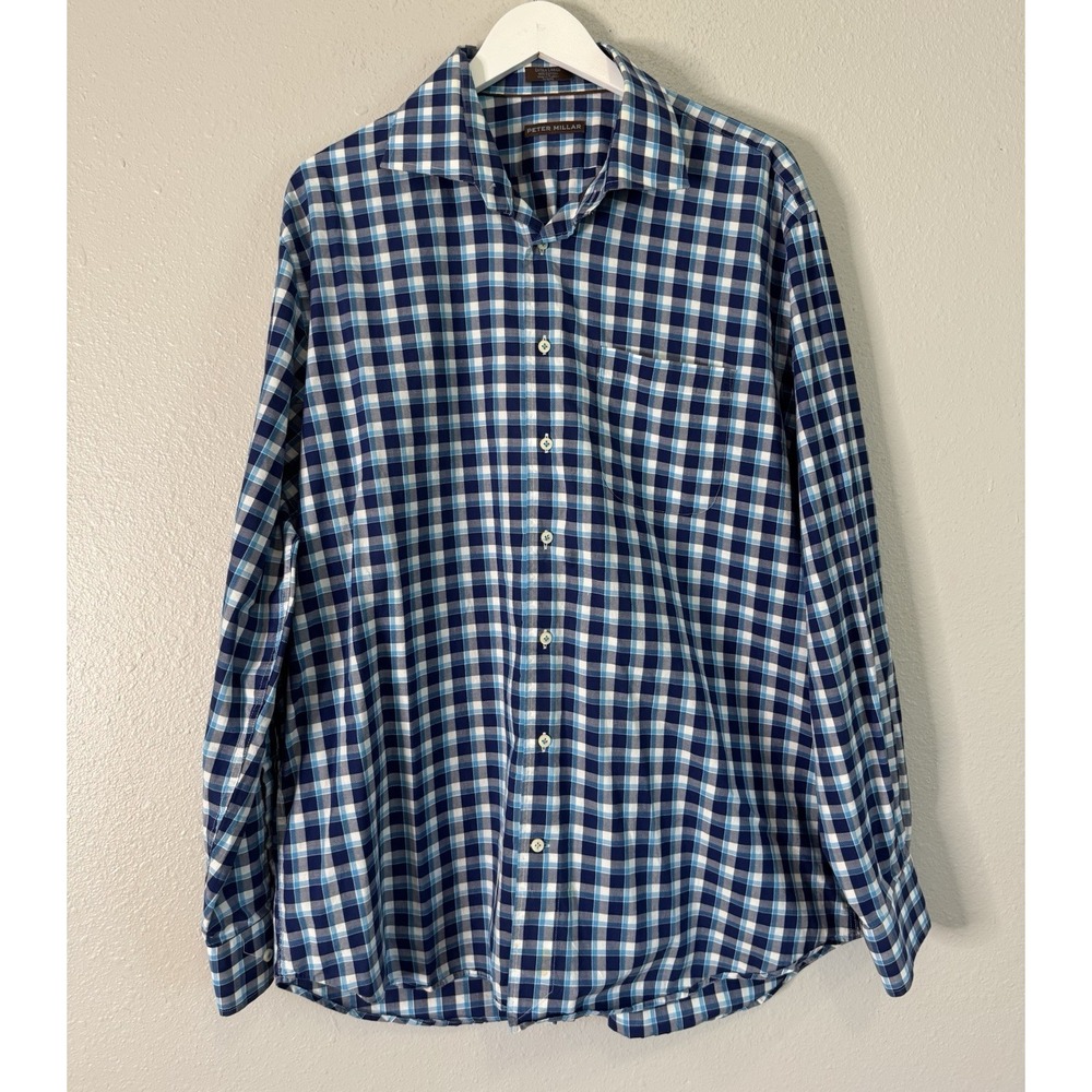 Peter Millar Men's XL Blue Plaid 100% Cotton Button Down Preppy Golf Shirt